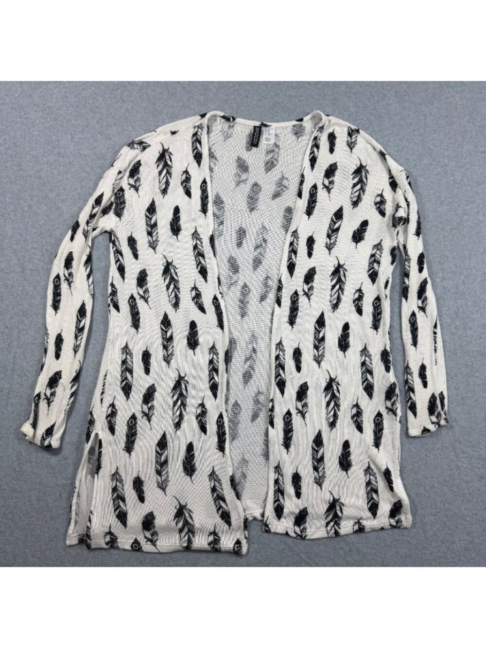 H&M Divided Women's XS White Feather Print Long Open Cardigan Sweater